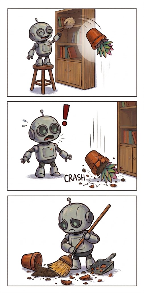Three-panel comic: a cleaning robot dusting a shelf knocks a plant off with its duster, notices the crash, then sweeps up the mess it caused.